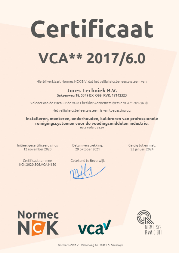 VCA certificaat Jures Techniek BV